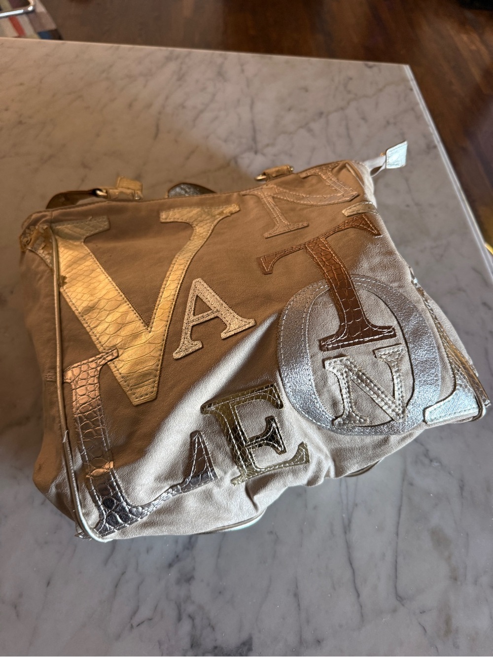Limited Edition Valentino Metallic Letter Applique Shoulder Bag - Neutral